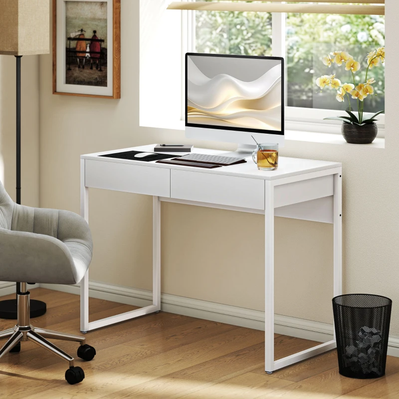 HOMCOM Schreibtisch mit 2 Schubladen, Computertisch 100 x 50 cm, moderner Schreibtisch mit Stahlbeinen, für kleine Räume, glänzendes Weiß