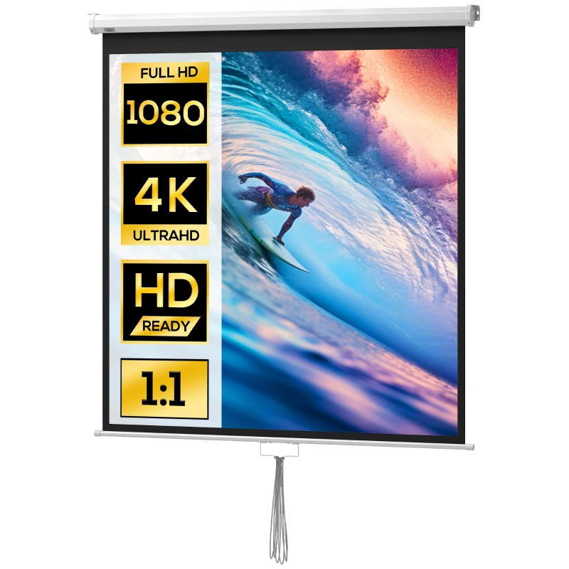 HOMCOM Ecran de Proiecție TV și Proiector de Cinema 4k, Fixare pe Perete sau Tavan, 149x149 cm, Alb