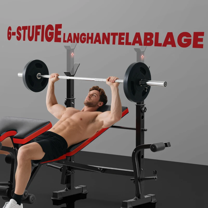 HOMCOM Hantelbank ohne Gewichte, verstellbare Fitnessbank für zahlreiche Übungen, Workout-Station, Stahl, Kunststoff, Schwarz+Rot(m-5)