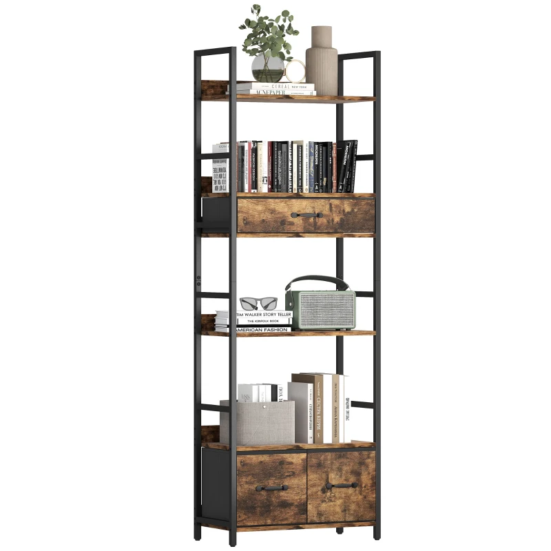 HOMCOM Libreria a 6 livelli con 4 ripiani, 3 cassetti in tessuto, 60x30x176cm, Marrone rustico
