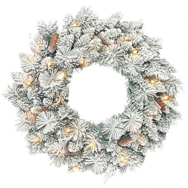 HOMCOM Tannenkranz Weihnachtskranz mit LED-Lichterkette, Tannenzapfen, Türkranz Grün+Weiß, Ø60 x 8 cm