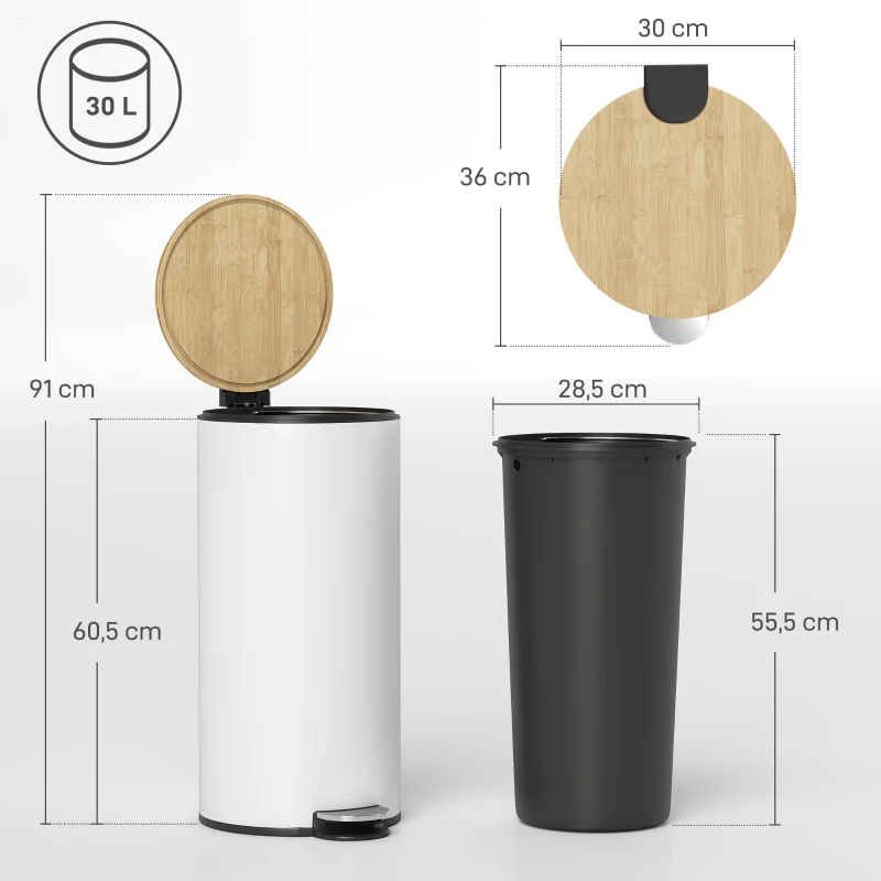 HOMCOM Balde do Lixo para Cozinha com Pedal 30L Cubo de Lixo Metálico com Tampa de Fecho Suave e Balde Removível 36x30x60,5 cm Branco e Madeira