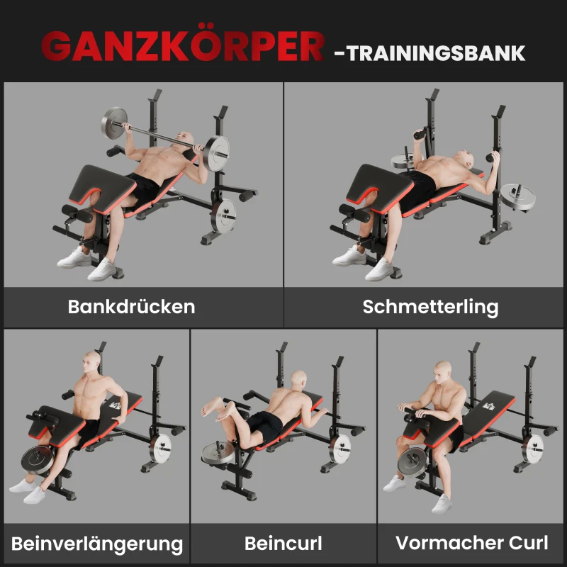 HOMCOM Hantelbank ohne Gewichte, verstellbare Fitnessbank für zahlreiche Übungen, Workout-Station, Stahl, Kunststoff, Schwarz+Rot(m-4)