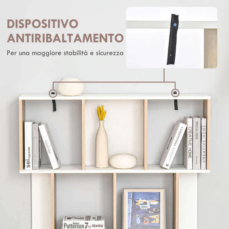 HOMCOM Mobile Libreria a 8 Ripiani per Soggiorno e Camera da Letto, in Legno, 100x27x124 cm, Rovere e Bianco