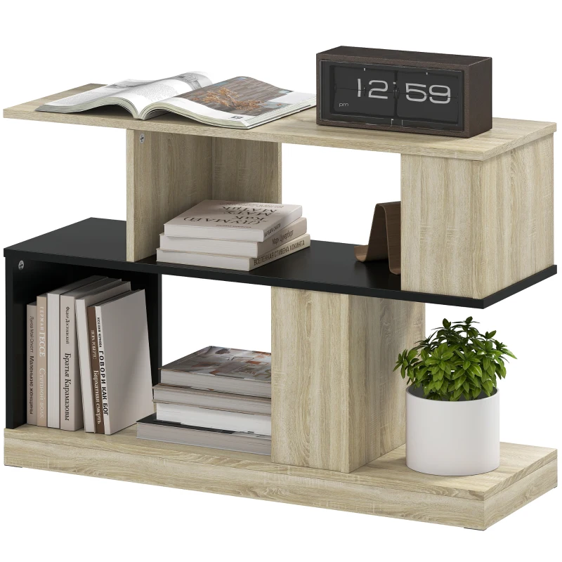 HOMCOM Table d'appoint en forme S, bout de canapé à 3 niveaux étagères de rangement, 90 x 30 x 61 cm, effet bois naturel noir