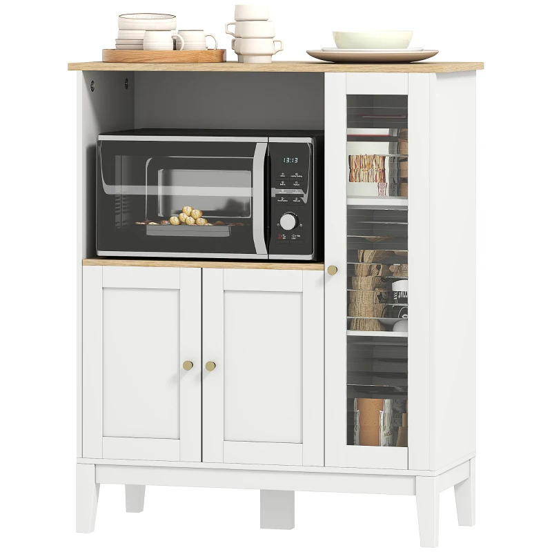 HOMCOM Meuble armoire micro-ondes pour cuisine avec 1 niche, 3 portes passe-câbles 80 x 35 x 97 cm blanc et aspect bois