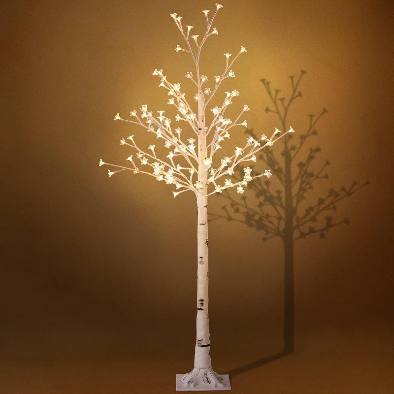 HOMCOM Arbre artificiel, bouleau artificiel, avec 120 LEDs, 3 niveaux de luminosité, blanc chaud, écorce réaliste, 21 x 21 x 150 cm