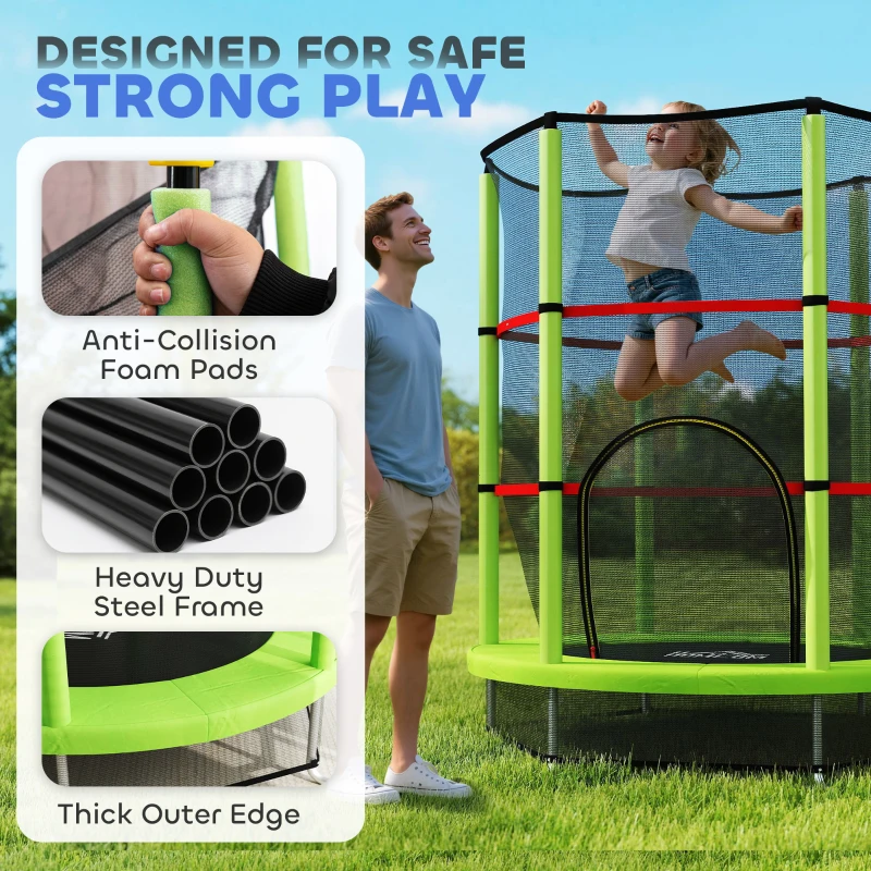 HOMCOM Saltea Elastică pentru Copii 3-6 Ani cu Plasă de Protecție, 6 Stâlpi și 3 Intrări, Ø140x190 cm, Verde