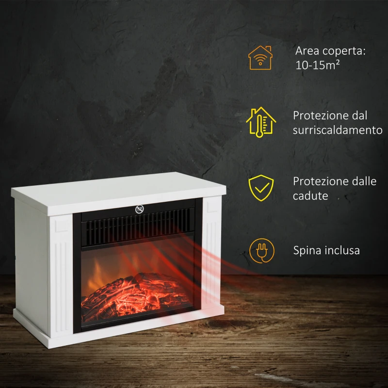 HOMCOM Camino Elettrico da Terra con Effetto Fiamma, Potenza Regolabile 600/1200W, Copertura 10-15m², Bianco
