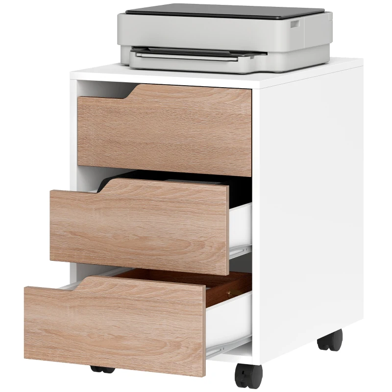 HOMCOM Caisson bureau mobile, meuble rangement bureau sur roulettes, 3 tiroirs, 40x50x57,5cm, blanc et chêne