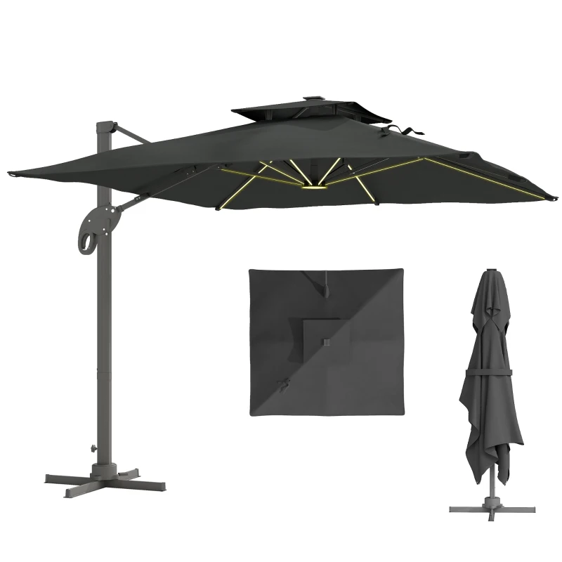 Outsunny Parasol déporté rectangulaire parasol LED inclinable pivotant manivelle acier alu. dim. 3L x 3l x 2,66H m polyester gris