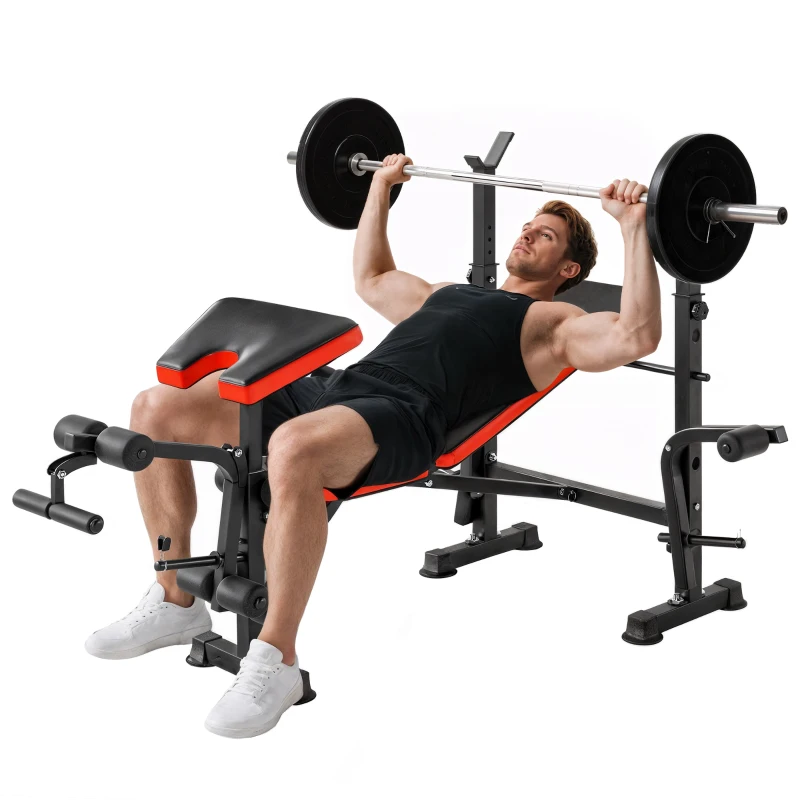 HOMCOM Hantelbank ohne Gewichte, verstellbare Fitnessbank für zahlreiche Übungen, Workout-Station, Stahl, Kunststoff, Schwarz+Rot(m-11)