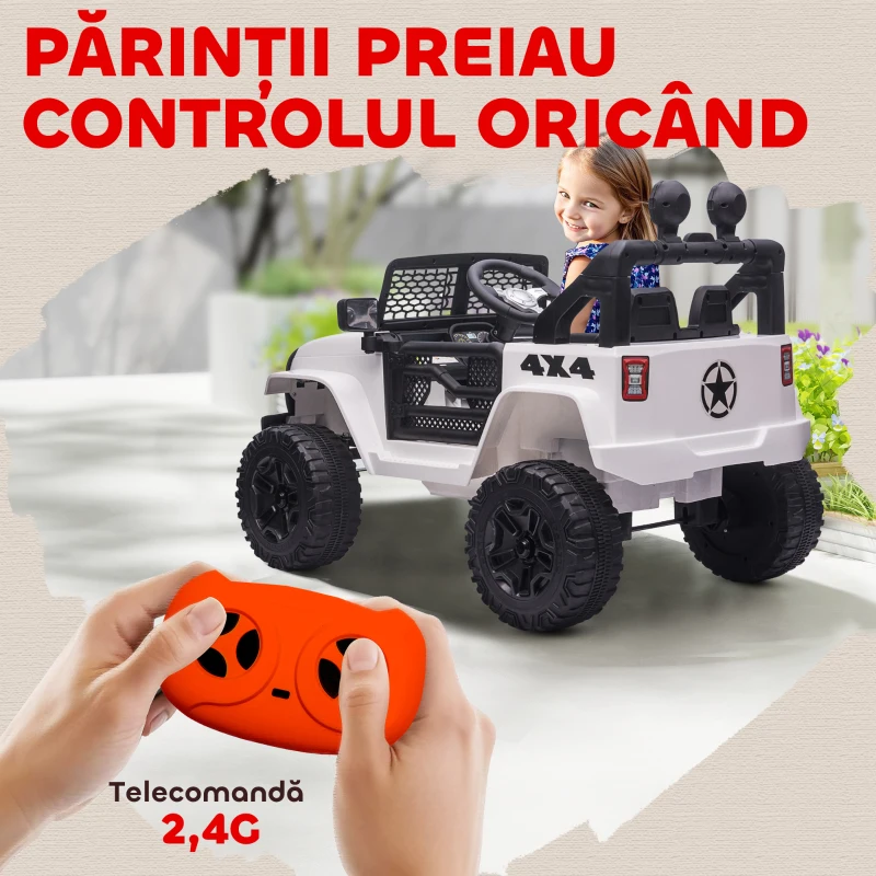 HOMCOM Masina Electrica pentru Copii Jeep Off-Road cu Telecomanda, 2 Viteze 3-5km/h, 100x65x72 cm, Alb(m-5)
