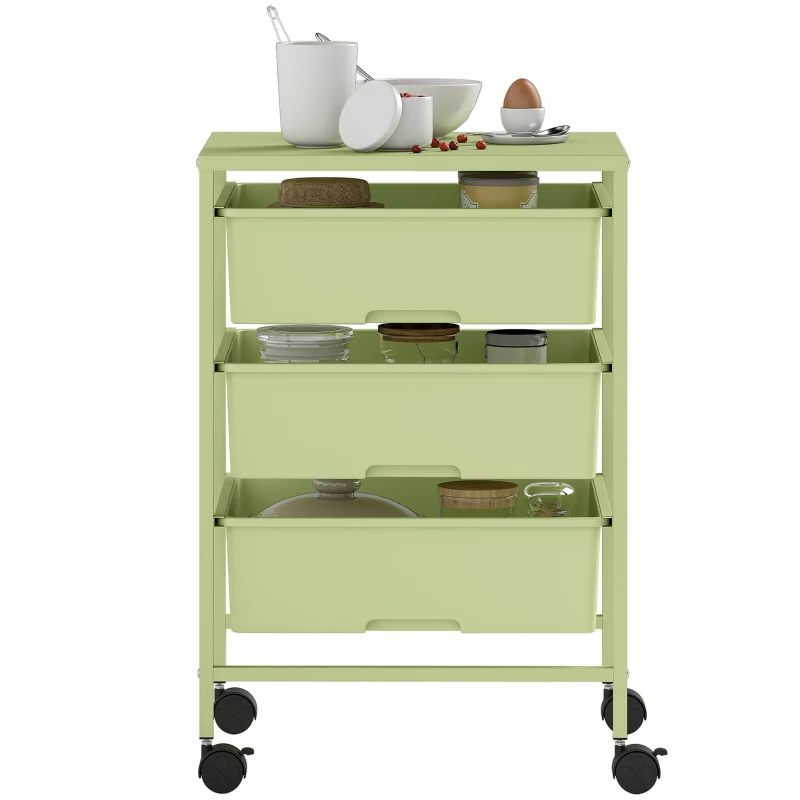 HOMCOM Chariot de Rangement de 4 Niveaux Chariot de Cuisine avec Roulettes 3 Paniers et Planche 40,8x33,5x60,5 cm Vert