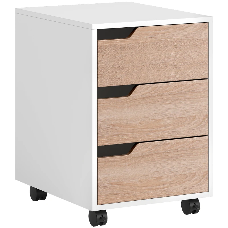 HOMCOM Rollcontainer, Aktenschrank, Bürocontainer mit 3 Schubladen, Büroschrank, Aufbewahrung, Container,4 Universalräder, MDF, Natur+Weiß, 40 x 50 x 57,5 cm