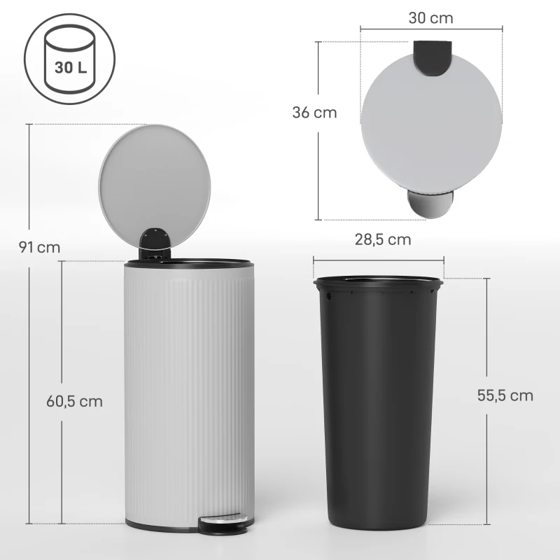 HOMCOM Küchenmülleimer 30L, Pedal-Mülleimer mit herausnehmbarem Inneneimer, leise schließender Deckel, 36x30x60,5cm, Hellgrau
