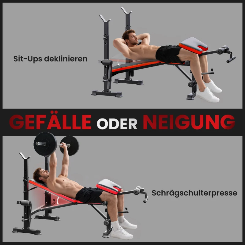 HOMCOM Hantelbank ohne Gewichte, verstellbare Fitnessbank für zahlreiche Übungen, Workout-Station, Stahl, Kunststoff, Schwarz+Rot(m-6)