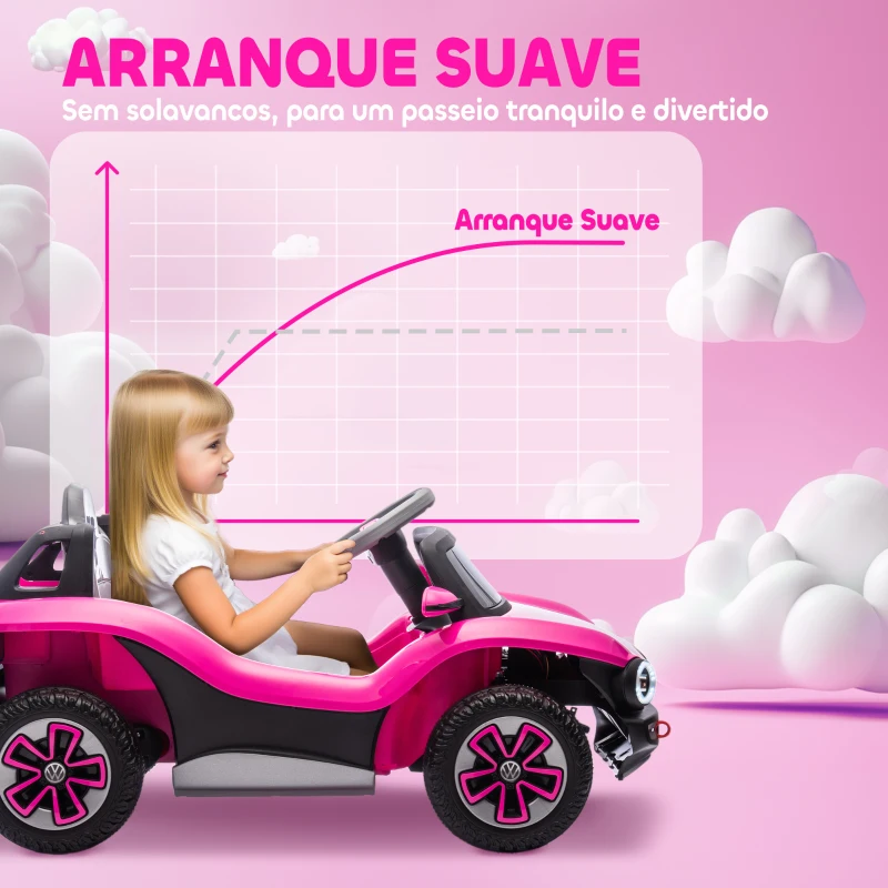 AIYAPLAY Carro Elétrico para Crianças Volkswagen E-Buggy Bateria 12V com Controlo Remoto 2,4 G Faróis LED Música USB 98x56,5x47 cm Rosa