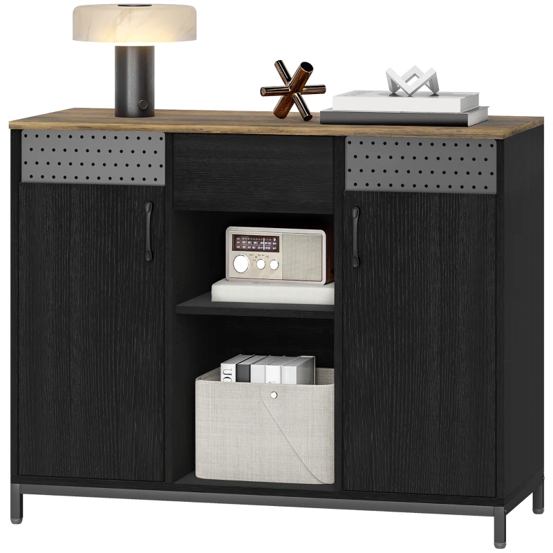 HOMCOM Sideboard mit 2 Türen mit Löchern 2 Fächer und Schublade Verstellbare Regale 100x40x80 cm Schwarz und Rustikales Braun