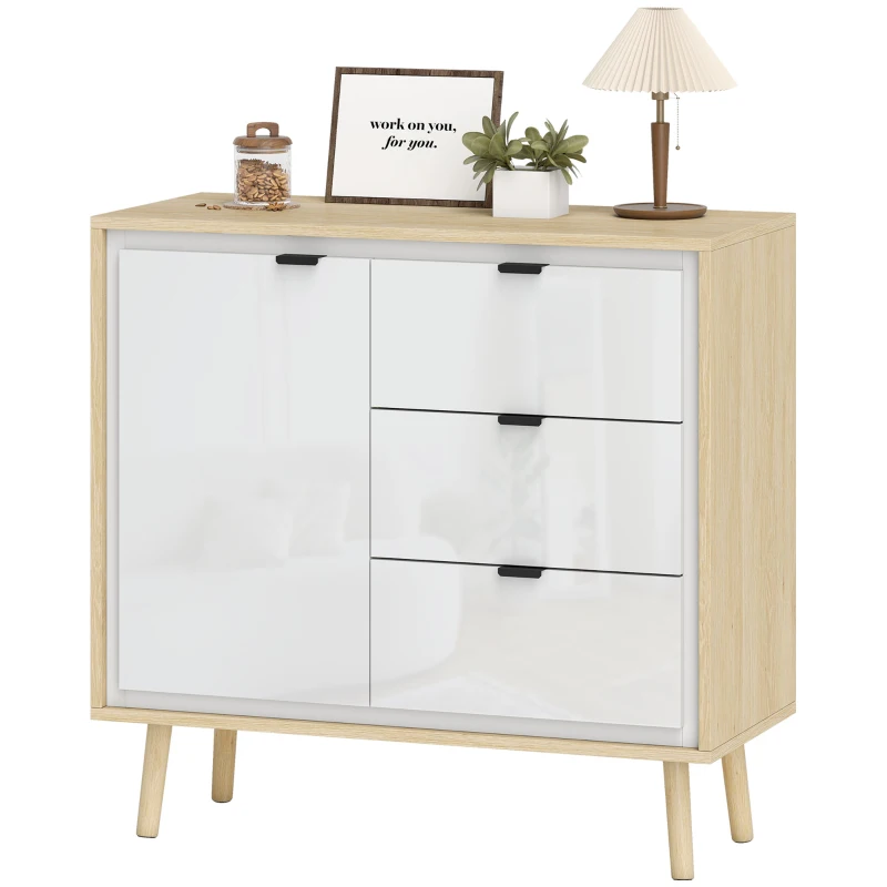 HOMCOM Modern Sideboard with 3 Drawers and Cabinet, Adjustable Internal Shelf and Glossy Doors, White and Oak