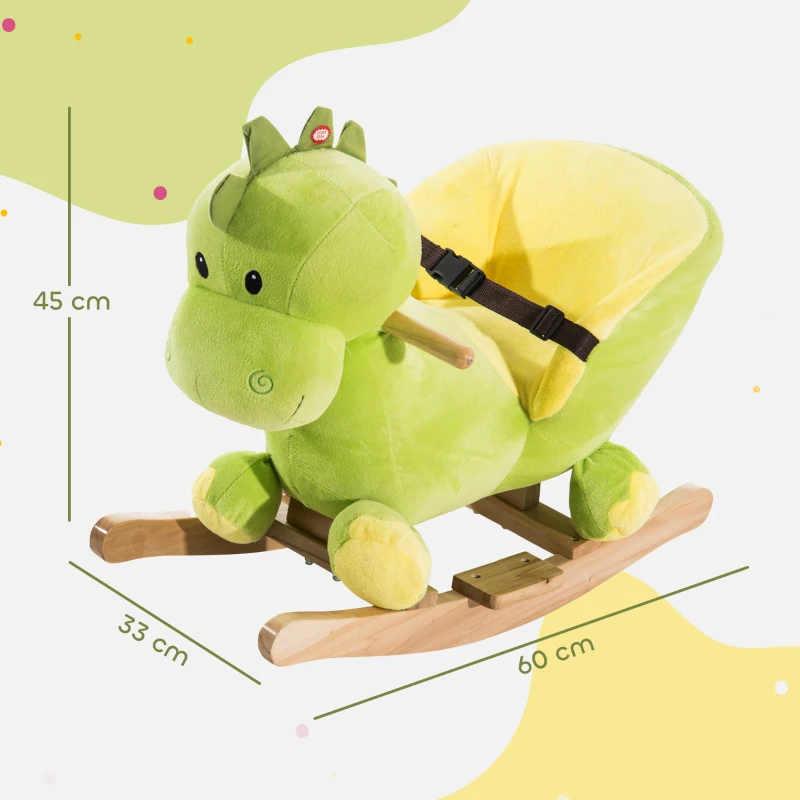 HOMCOM Balancín Infantil en Forma de Dinosaurio de Felpa para Bebés 18-36 Meses con Sonido Cinturón de Seguridad Manillar y Reposapiés 60x33x45 cm Verde
