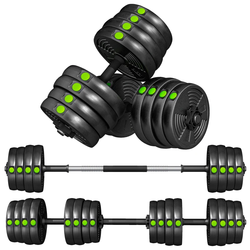 SPORTNOW Ensemble d'haltères 2-en-1, barre longue & haltères, 30 kg, antidérapant, respectueux du sol, noir/vert