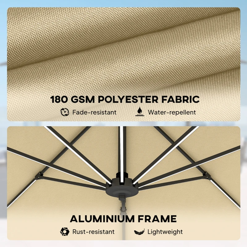 Outsunny 3(m) Adjustable Cantilever Parasol with Base, Solar LED Lights, Khaki