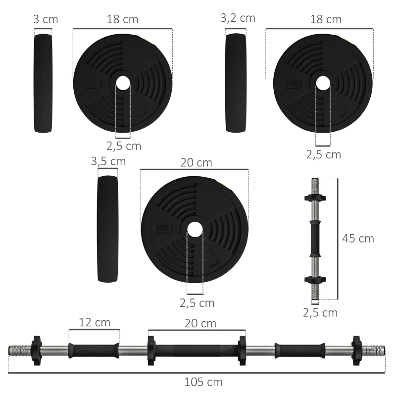 SPORTNOW 2-in-1 Hantel-Set, Lang- & Kurzhantel, 20 kg, rutschfest, bodenschonend, Schwarz/Grün