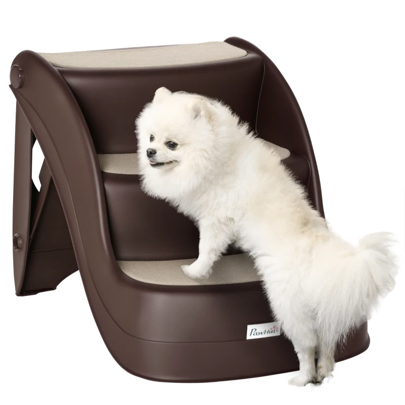 PawHut Escada para Cães de 3 Degraus Dobrável Escada para Animais de Estimação com Tapetes Antiderrapantes 49x38x38 cm Marrom