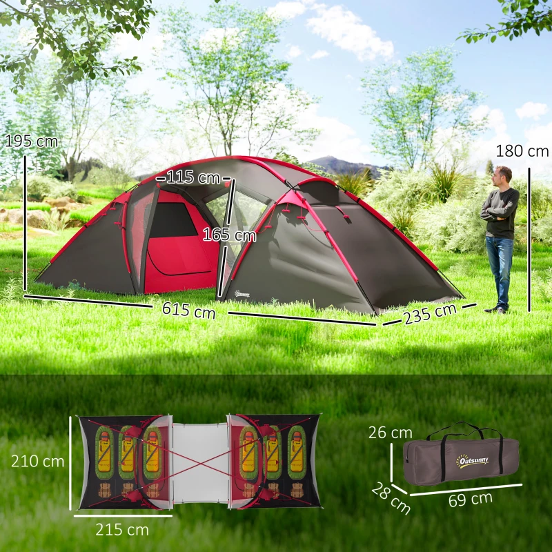 Outsunny 4-6 Man Family Camping Tent w/ 2 Bedrooms and a Living Room, Waterproof Tunnel Tent w/ Sewn In Groundsheet, Doors, Windows, Carry Bag, Grey