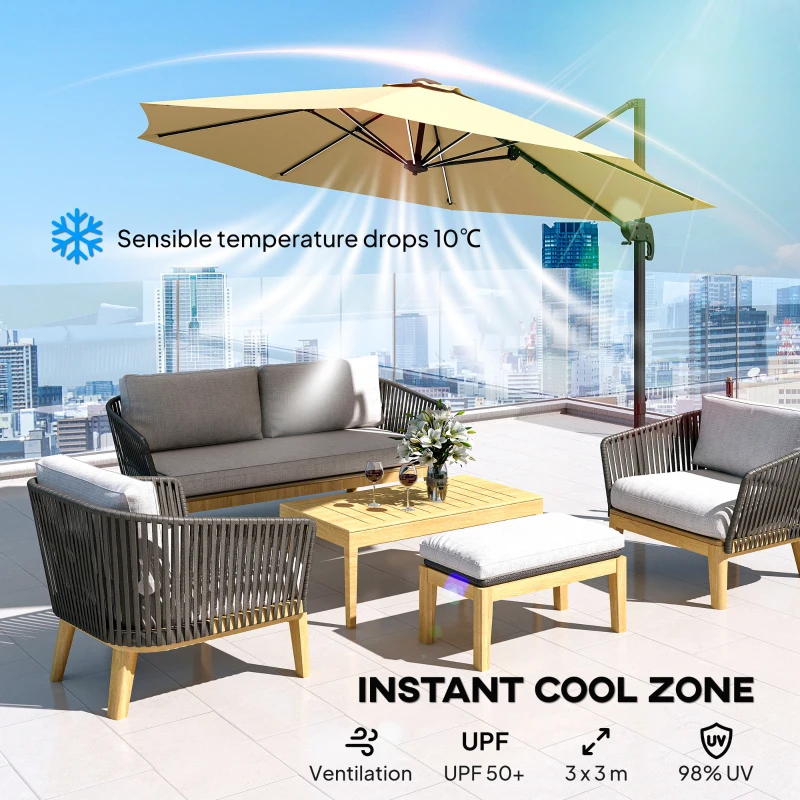 Outsunny 3(m) Adjustable Cantilever Parasol with Base, Solar LED Lights, Khaki