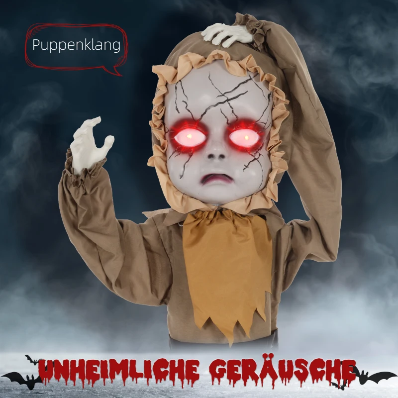 HOMCOM Grusel-Puppe Halloween-Dekoration, beweglicher Kopf, rote Augen, Batteriebetrieb(m-4)