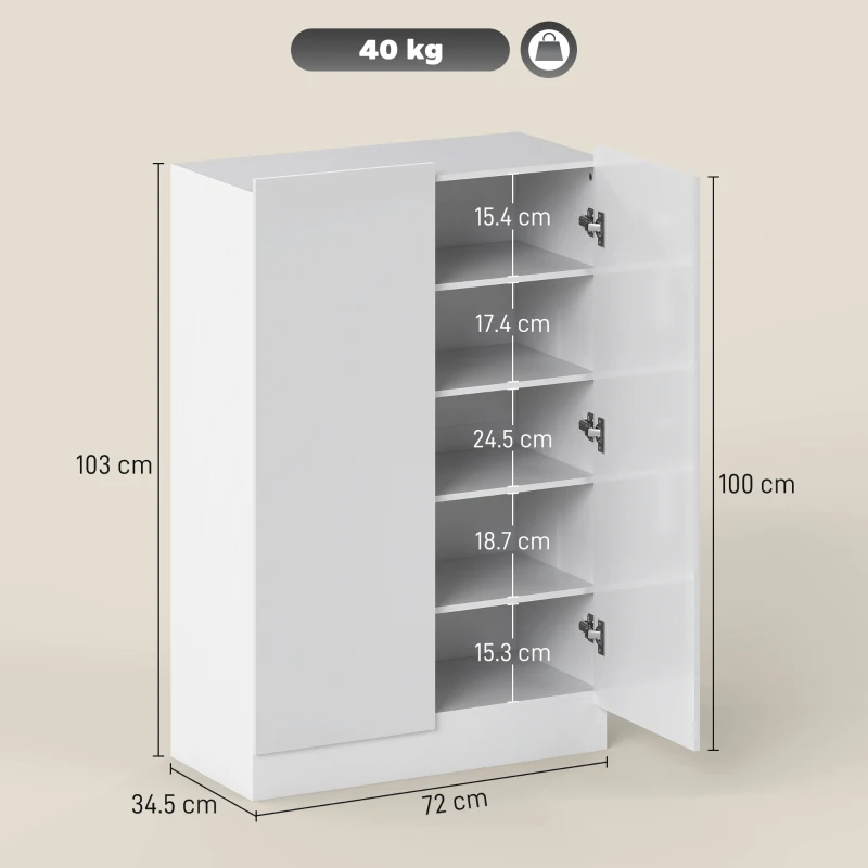 HOMCOM 5-tier Shoe Cabinet for 20 Pairs of Shoes, Adjustable Shelves, for Entrance Area, Hallway, Wood, White