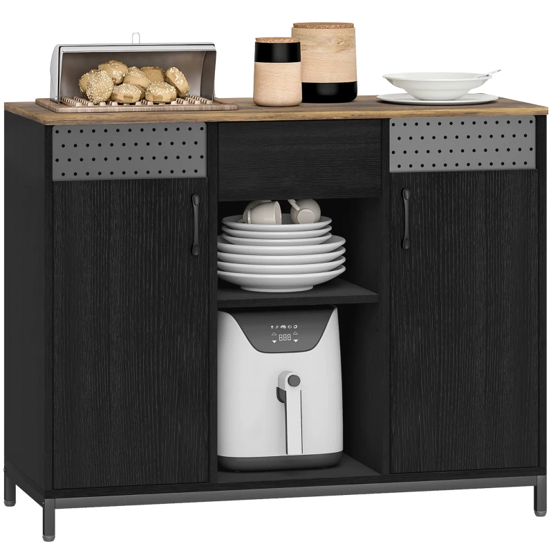 HOMCOM Sideboard mit 2 Türen mit Löchern 2 Fächer und Schublade Verstellbare Regale 100x40x80 cm Schwarz und Rustikales Braun