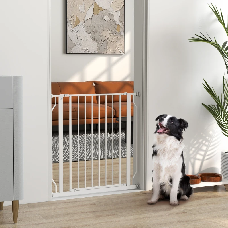 PawHut Puerta para perros Extensible y Ajustable para Escaleras y Puertas, en Acero y ABS, 75-85x76 cm, Blanco