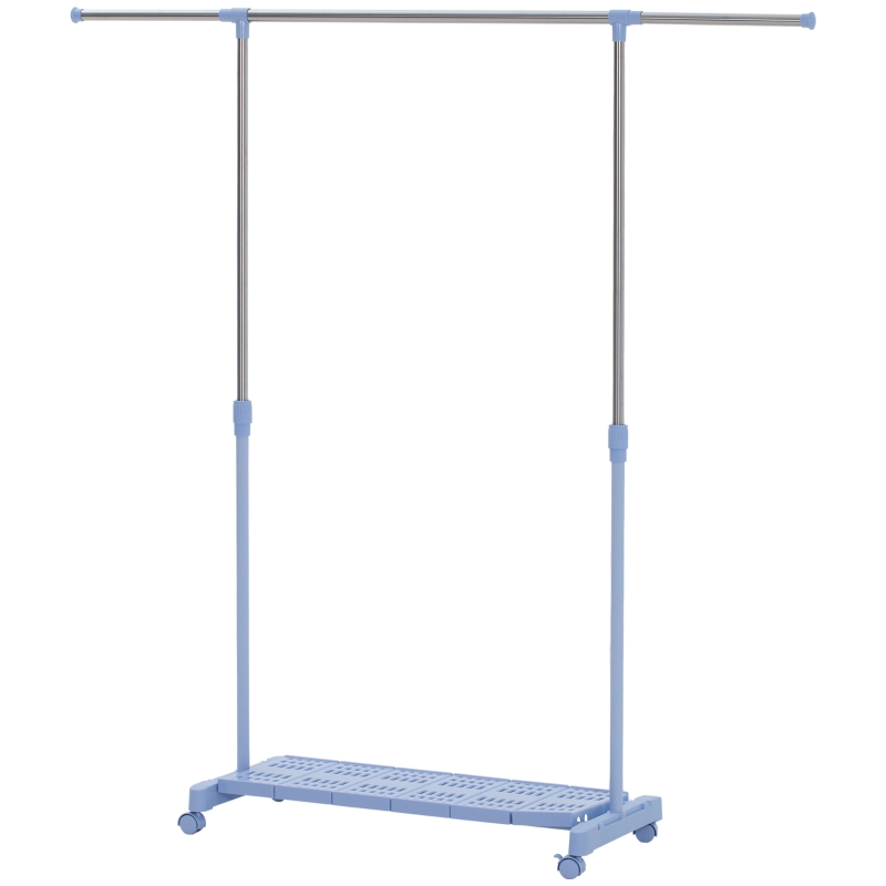 HOMCOM Séchoir Extensible avec Roues avec Barre en Acier Inoxydable et Étagère pour Chaussures 159x42x168 cm Bleu et Argent