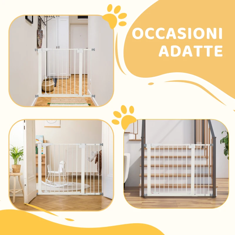 PawHut Cancelletto per Cani Taglia Piccola e Media con Doppia Serratura e Chiusura Automatica, 76-103x4.2x77 cm, Bianco