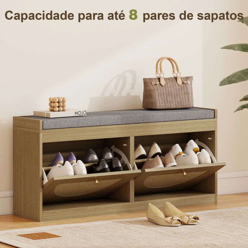 HOMCOM Banco Sapateira com Assento Acolchoado Portas em Vime Prateleira Ajustável para 8 Pares de Sapatos 104,5x24x48 cm Madeira