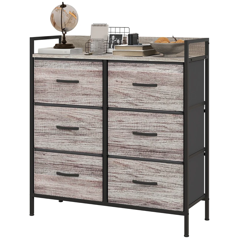 HOMCOM Commode, meuble de rangement pour chambre à 6 tiroirs tissu non tissé, cadre en acier, 79 x 29 x 85 cm, effet bois gris