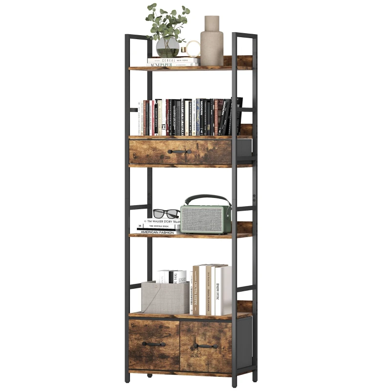 HOMCOM Bibliothèque étagère de rangement à 6 niveaux avec 4 étagères, 3 tiroirs en tissu, 60x30x176cm, brun rustique
