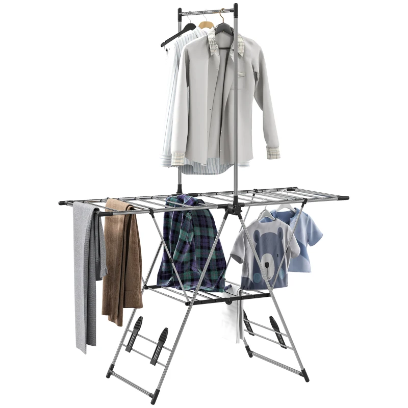 HOMCOM Stendibiancheria Verticale Pieghevole con Ali Regolabili 4 Supporti per Scarpe Barra e Ripiano 139x62,5x201 cm Argento