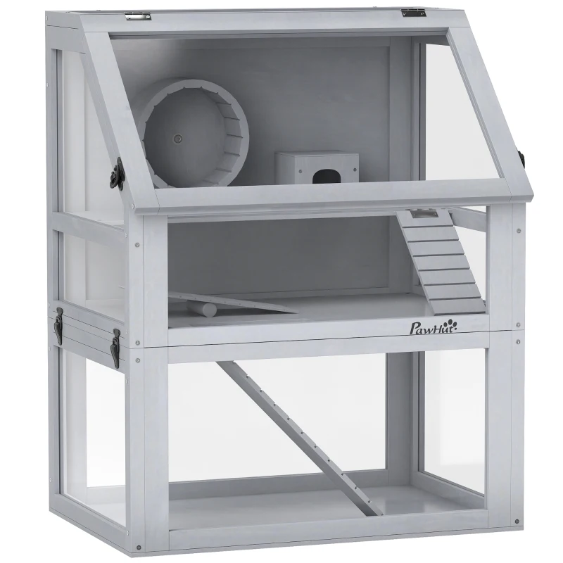 PawHut Wooden Hamster Cage with Detachable 32cm Deep Bottom, Hut, Seesaw, Exercise Wheel, Ramp, 60 x 40 x 75cm, Light Grey