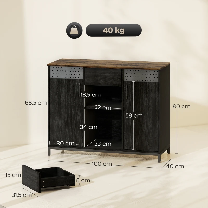 HOMCOM Buffet 2 Portes avec Perforations 2 Compartiments et Tiroir Étagères Ajustables 100x40x80 cm Noir et Marron Rustique
