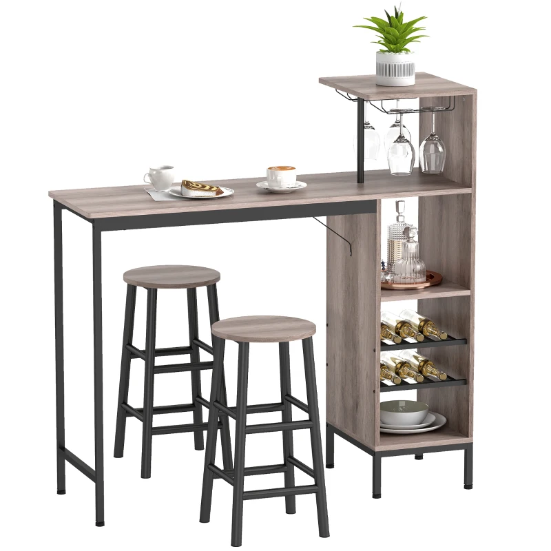 HOMCOM Ensemble de table de bar en 3 pièces avec rangement, porte-bouteilles de vin, porte-verres, tabourets avec repose-pieds, pour petits espaces, Gris