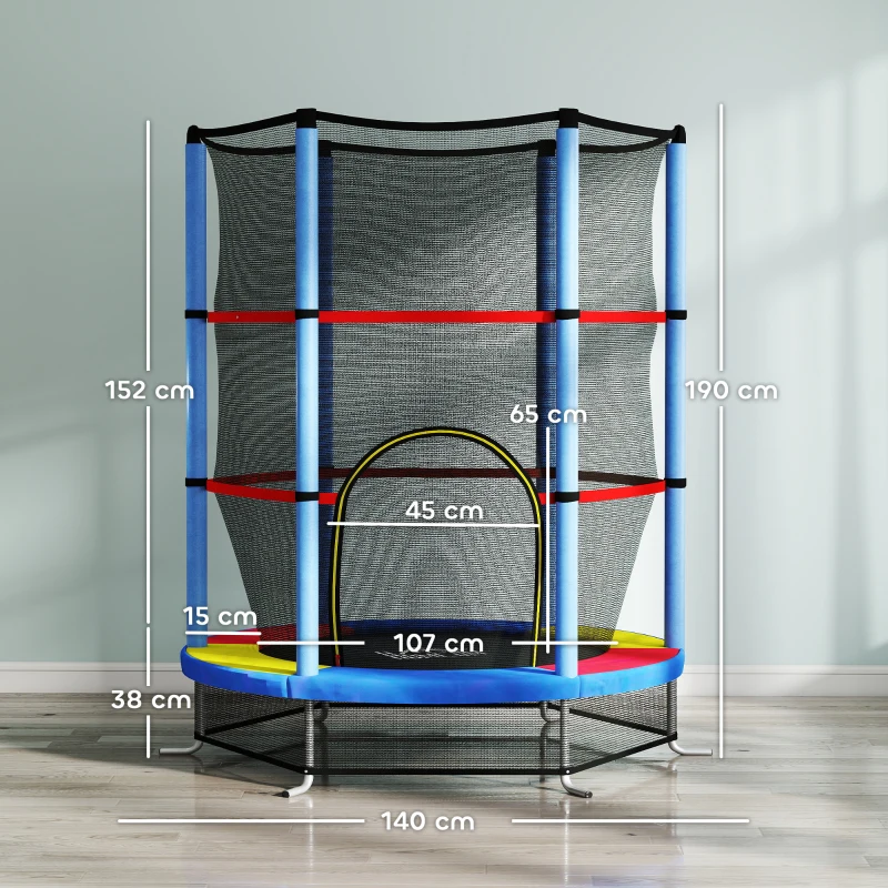 HOMCOM Saltea Elastică pentru Copii 3-6 Ani cu Plasă de Protecție, 6 Stâlpi și 3 Intrări, Ø140x190 cm, Multicolor