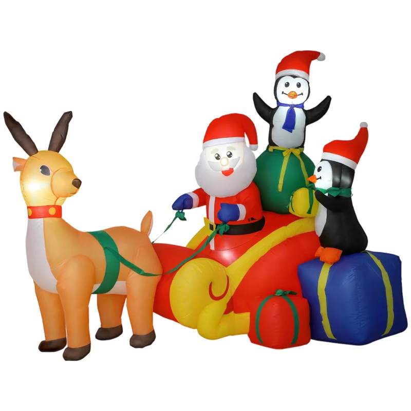 Outsunny Weihnachtsmann Aufblasbar mit Schlitten Pinguinen und Rentieren LED-Beleuchtung Weihnachtsdekoration für Innen und Außen 180x120x155 cm