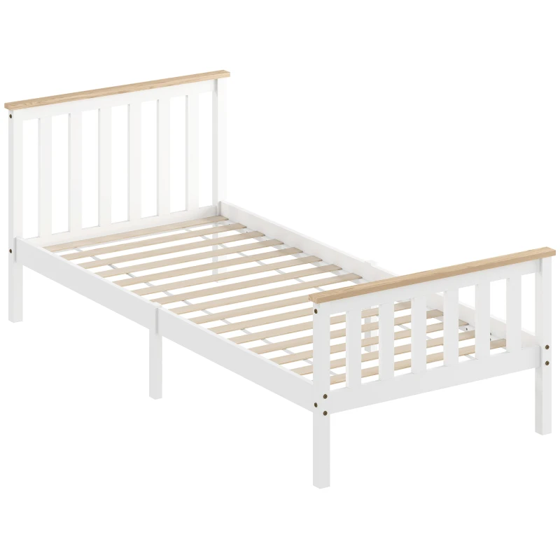 HOMCOM Marco de Cama Individual, Marco de Cama de Madera, Almacenamiento Abajo, Madera Natural, Blanco
