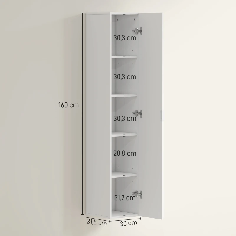 HOMCOM Hängender Badezimmerschrank mit Verstellbaren Regalen und Soft-Close-Schließung, 30x31,5x160 cm, Weiß