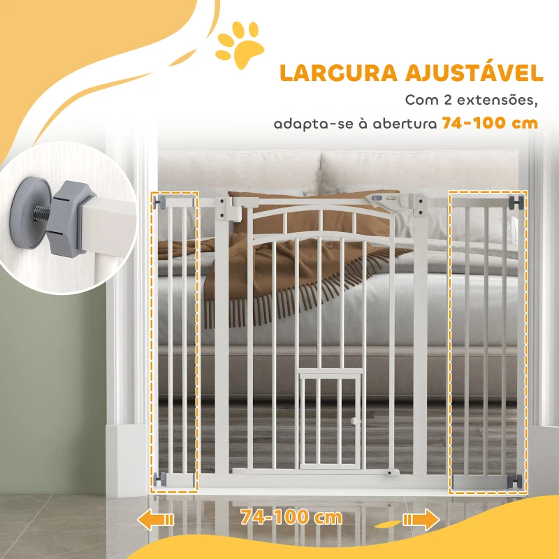 PawHut Barreira de Segurança para Cães 74-100 cm com Extensão Montagem a Pressão e Duplo Bloqueio para Porta Escada Branco