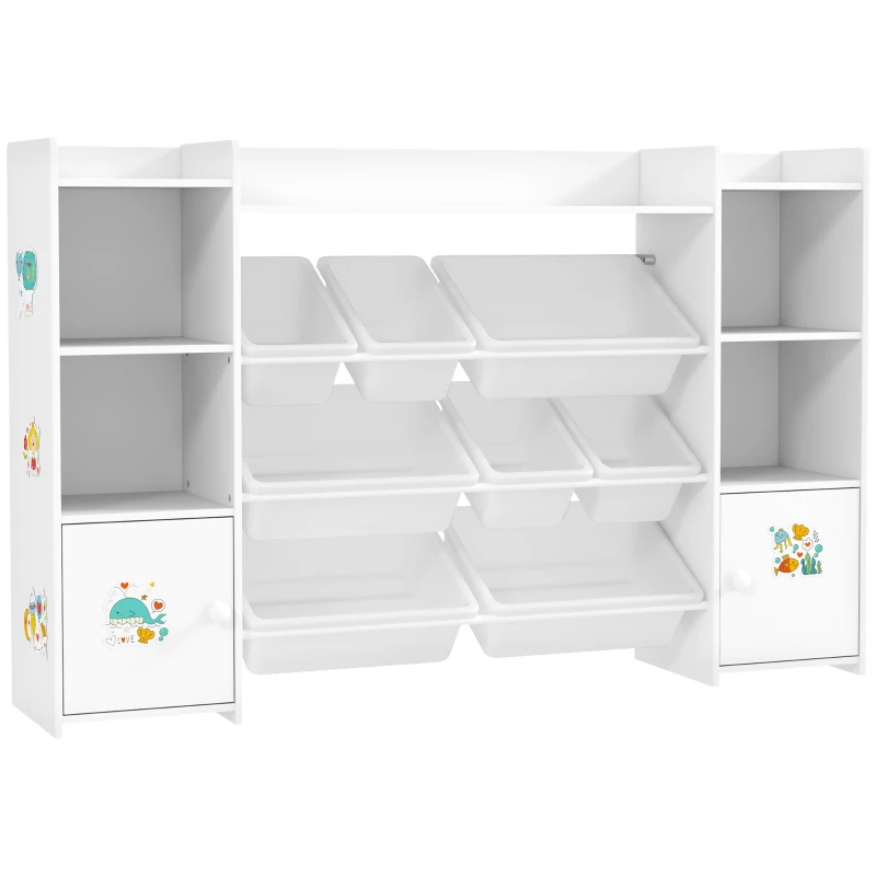 AIYAPLAY Children's Storage Furniture, Kids' Toy Storage Shelf with 8 Removable Bins, 140 x 30 x 90 cm, White